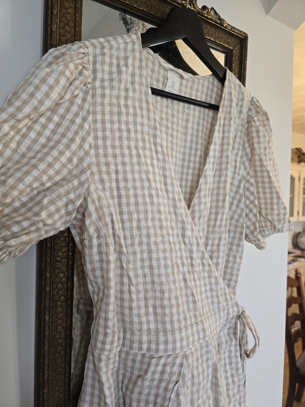 H&M Beige Gingham Wrap Mini Dress - Picture 2 of 4